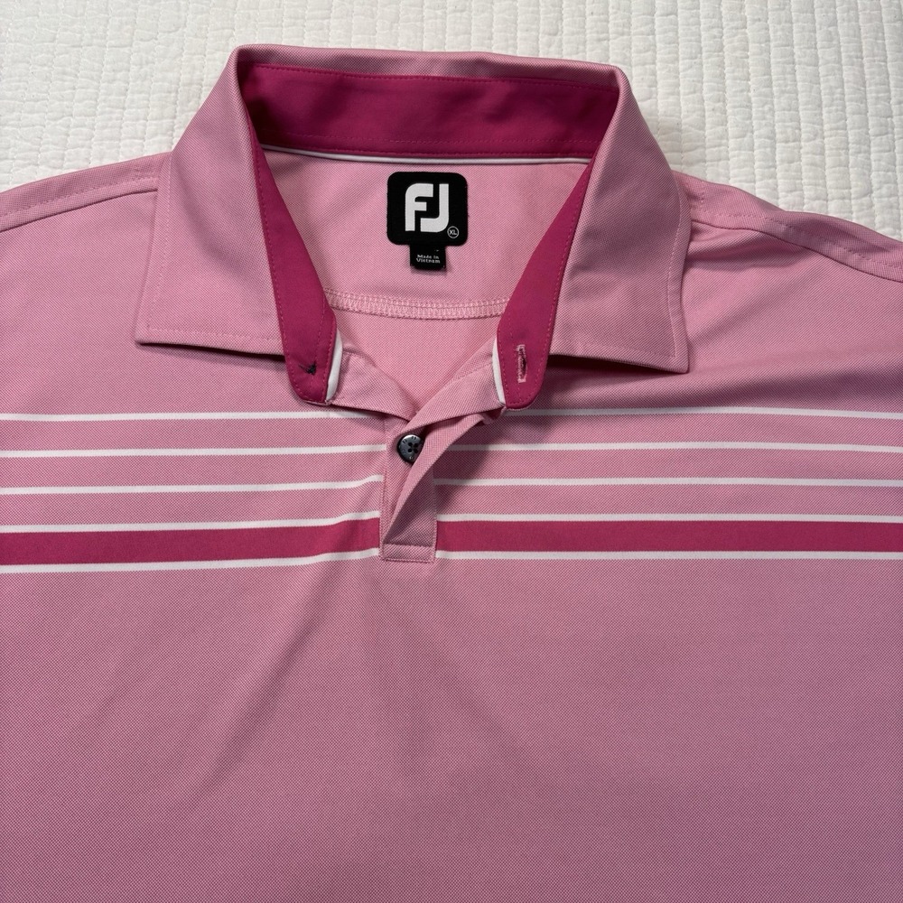 FJ FootJoy Men's Navy‎ Pink White Stripe Polo Golf Shirt Pique Knit Stretch XL